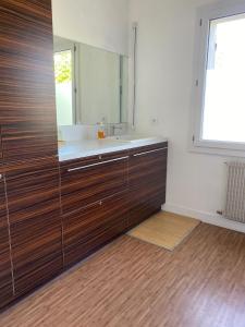 een badkamer met een wastafel en een spiegel bij Chambres d'Elisa in Saint-Morillon