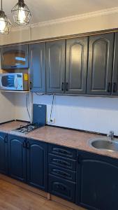 a kitchen with blue cabinets and a sink at Obolonskiy Prospekt Apartments 16Є in Kyiv