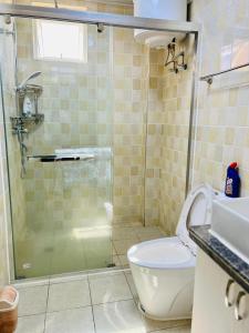 a bathroom with a glass shower and a toilet at Fully furnished 3 bedroom apartment in Mirembe Villas Kigo, Uganda in Kigo +14 photos