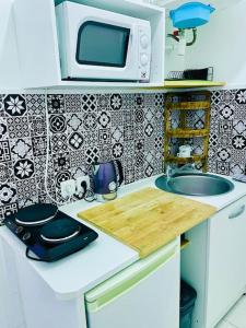 a kitchen with a counter top with a microwave at Central studio AC & balcony in Nice