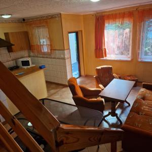 a kitchen and a living room with a table and chairs at Ośrodek Wypoczynkowy Puszczyk Domek Akacjowy- Apartament -Willa in Sieraków