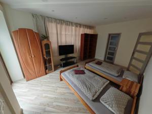 Sala de estar con 2 camas y TV en Vila24 Levice, en Levice