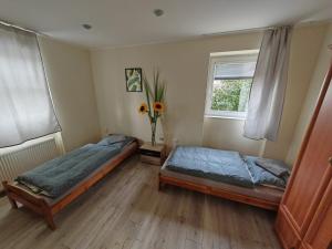 a bedroom with two beds and a window at Vila24 Levice in Levice