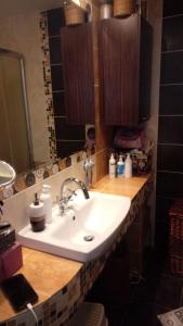 a bathroom counter with a sink and a mirror at Apartament Sol in Radom