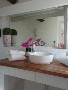 baño con lavabo blanco grande y espejo en Hotel Mas De Cure Bourse, en LʼIsle-sur-la-Sorgue