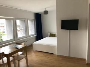 1 dormitorio con 1 cama, escritorio y TV en Apartament Abraham przy plaży, en Władysławowo