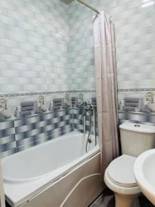 a bathroom with a tub and a toilet and a sink at Parivash Guest House in Bukhara +42 photos