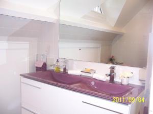La salle de bains est pourvue d'un lavabo violet et d'un miroir. dans l'établissement Aux Marguerites, à Sainte-Geneviève-lès-Gasny