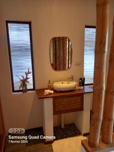 a bathroom with a sink and a mirror at Valerie Lodge in San Vicente