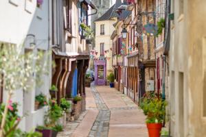 um beco numa cidade velha com casas e flores em Thomas, F2 moderne au coeur de la Bouille em La Bouille
