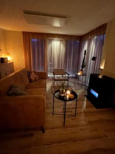 a living room with a couch and a table at Oosterschelde Lodge met veel privacy en dicht bij het water in Scherpenisse