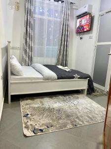 een slaapkamer met een bed en een televisie en een tapijt bij DODOMA WHITE HOTEL in Dodoma