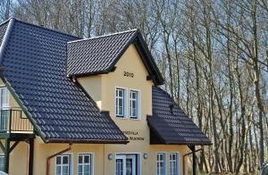 ein gelbes Haus mit schwarzem Dach in der Unterkunft Scanhausvilla in Wustrow