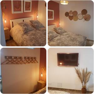four pictures of a bedroom with a bed and a tv at Harmonie in Monteux