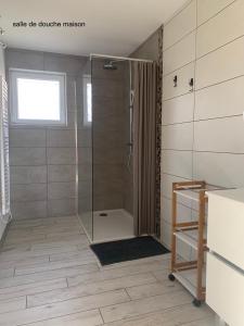 een douche met een glazen deur in de badkamer bij Camping les Chênes in Chauzon