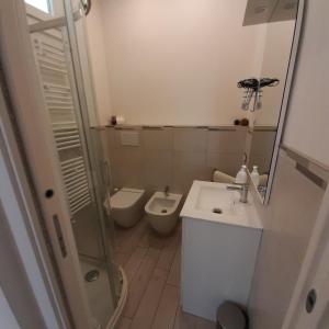 ein Bad mit einem WC, einem Waschbecken und einer Dusche in der Unterkunft La CasaLina in Omegna