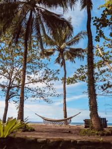 a hammock between two palm trees on a beach at Playa del Fuego Camiguin Beach Hostel & Resort in Mambajao