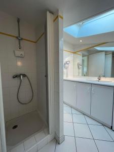 a bathroom with a shower and a sink at 3CONV48- Charmant T2 avec vue imprenable en face plage Collioure in Collioure
