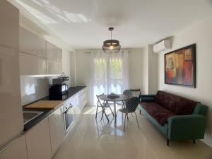 eine Küche und ein Wohnzimmer mit einem Sofa und einem Tisch in der Unterkunft Appartement VILLAINE Terrasse in Beausoleil