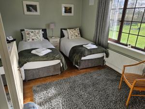 sypialnia z 2 łóżkami, krzesłem i oknem w obiekcie Oak House Laois B&B w mieście Portarlington