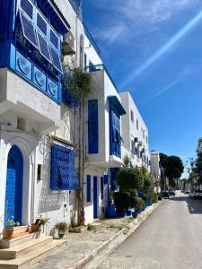 a blue and white building with blue doors and windows at Cosy home in Sidi Bou Said in Sidi Bou Saïd