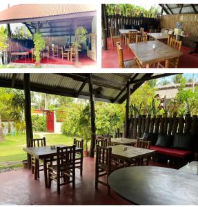 2 fotos de un patio con mesas y sillas en Villa Gumamela Siargao, en Catangnan