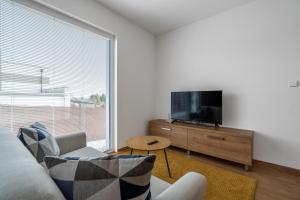 a living room with a couch and a flat screen tv at Apartmány Pustiměř in Pustiměř