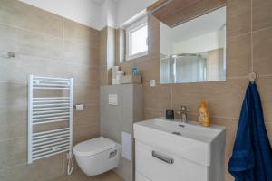 ein Badezimmer mit einem WC, einem Waschbecken und einem Spiegel in der Unterkunft Apartmány Pustiměř in Pustiměř