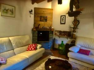 een woonkamer met 2 banken en een open haard bij Magnificent spacious 4 bedroom mountain chalet with spa in Antey-Saint-André
