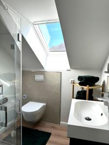 ein Badezimmer mit einem WC, einem Waschbecken und einem Dachfenster in der Unterkunft Ferienhaus Merl in Zell an der Mosel