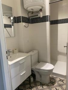 een badkamer met een toilet, een wastafel en een douche bij Appartements de la ferme du Brocey in Crolles