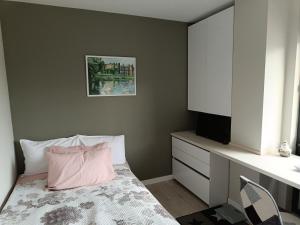a bedroom with a bed with a pink pillow and a tv at Central, brand new apart with parking in Blagoevgrad