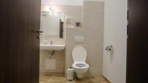 a bathroom with a white toilet and a sink at Premium City Centre Bedrooms in Prešov