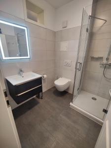 een badkamer met een toilet, een wastafel en een douche bij Villa Parkblick, Whg. 17 in Kühlungsborn