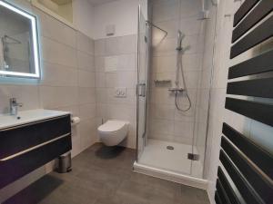 een badkamer met een douche, een toilet en een wastafel bij Villa Parkblick, Whg. 17 in Kühlungsborn +28 foto's