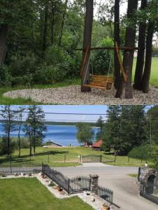 dos fotos de un parque con un columpio y un lago en Apartament u Rybaka, en Sędki