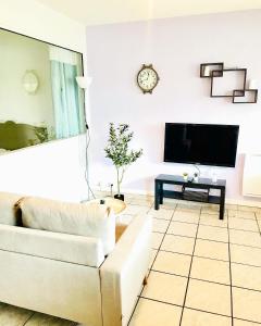 - un salon avec un canapé blanc et une télévision dans l'établissement Le cocon, à Eugénie-les-Bains