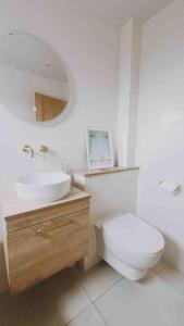 a bathroom with a toilet and a sink and a mirror at Scandi Style Home away from Home In Newquay in Newquay