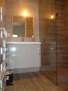 a bathroom with a tub and a shower with a mirror at Maison moderne pour 4- 5 personnes in Sulniac