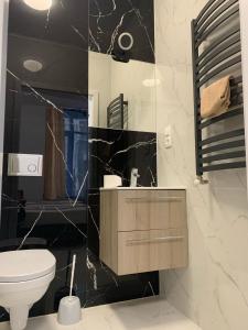 czarno-biała łazienka z toaletą i umywalką w obiekcie Apartamenty Św.Rocha w mieście Białystok