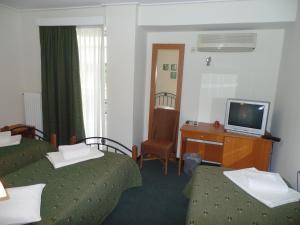 um quarto de hotel com duas camas e uma televisão em Nestorion Hotel em Atenas