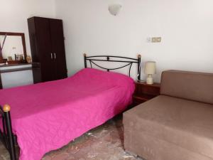 a bedroom with a pink bed and a couch at Nikos Rooms in Loutra Edipsou