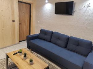 ein blaues Sofa im Wohnzimmer mit einem Tisch in der Unterkunft Апартаменты в центре Ужгорода СКАЛА in Uschhorod