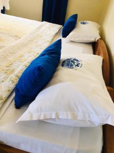 two beds with blue and white pillows on them at Tourist Home in Mbale
