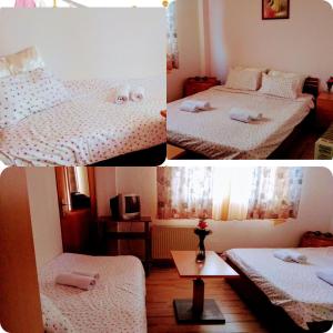 two pictures of a bedroom with two beds and a table at Hotel Markovi Kuli TD in Prilep