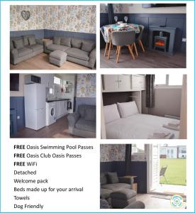 a collage of four pictures of a living room at Immaculately Presented Detached Family Chalet - 5 mins to beach, nr Great Yarmouth & Norfolk Broads in Great Yarmouth