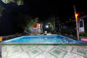 a swimming pool in a yard at night at Cat Ba Countryside Homestay in Cat Ba