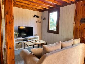 un soggiorno con un divano e una TV di Au Petit Bonheur a Camprieu