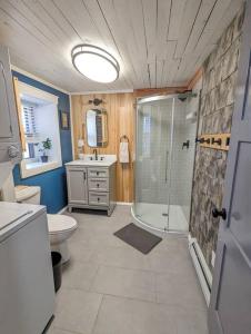 y baño con ducha, aseo y lavamanos. en Newmont Lodge, en Hoosick Falls