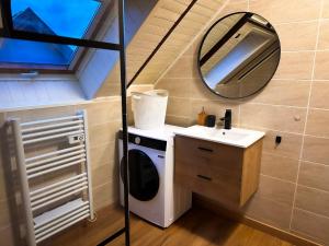 OttmarsheimにあるSpacieux Appartement 3 chambres Cosyの洗面台と鏡のある小さなバスルーム